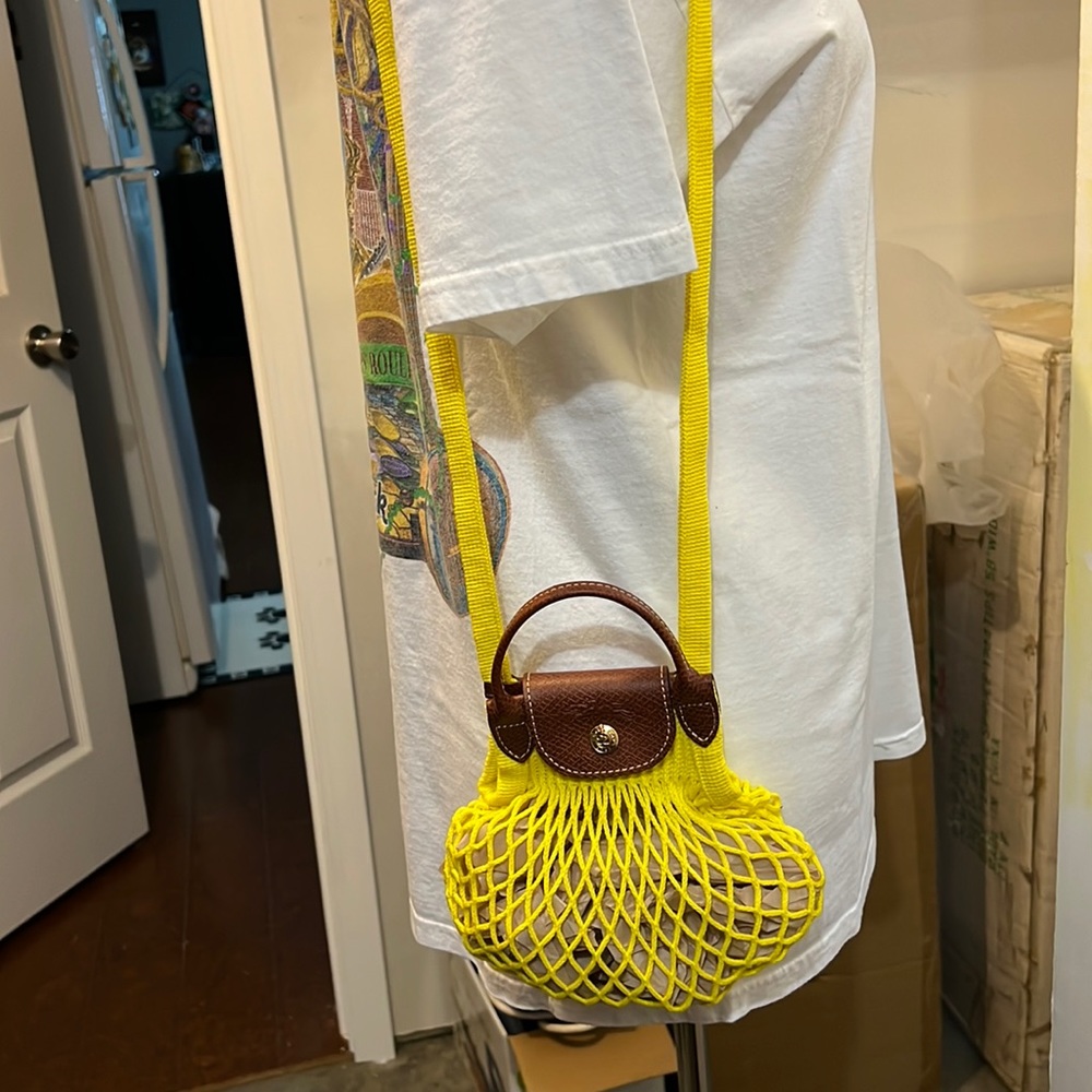 Longchamp Small cotton mesh shoulder bag with leather trim.